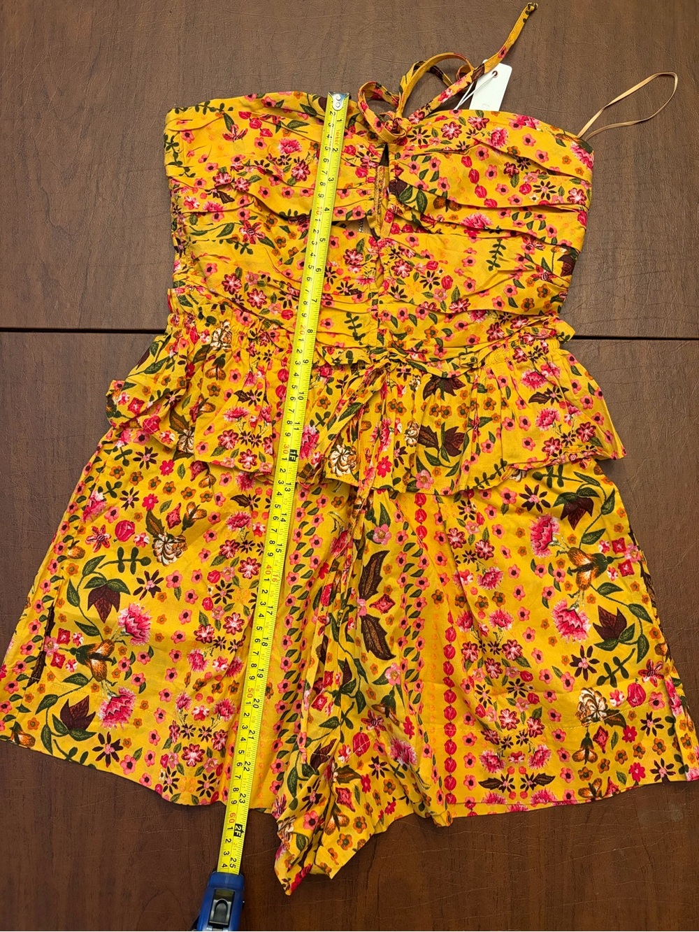 Olivaceous Yellow Floral Strapless Romper with Pink and Green Accents - Picture 4 of 7